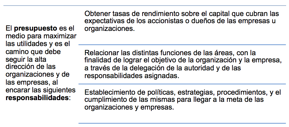 El presupuesto es el medio para maximizar las utilidades y es el camino que debe seguir la alta dirección de las organizaciones y de las empresas, al encarar las siguientes responsabilidades: Primero obtener tasas de rendimiento sobre el capital que cubran las expectativas de los accionistas o dueños de las empresas u organizaciones. Segundo relacionar las distintas funciones de las áreas, con la finalidad de lograr el objetivo de la organización y la empresa, a través de la delegación de la autoridad y de las responsabilidades asignadas. Y tercero establecimiento de políticas, estrategias, procedimientos, y el cumplimiento de las mismas para llegar a la meta de las organizaciones y empresas.