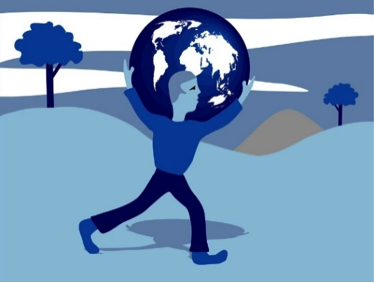 Persona cargando un Mundo y camino por un prado.