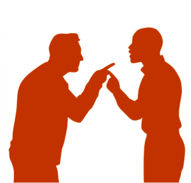 Silueta de dos hombres discutiendo, señalándose uno a otro con el dedo.